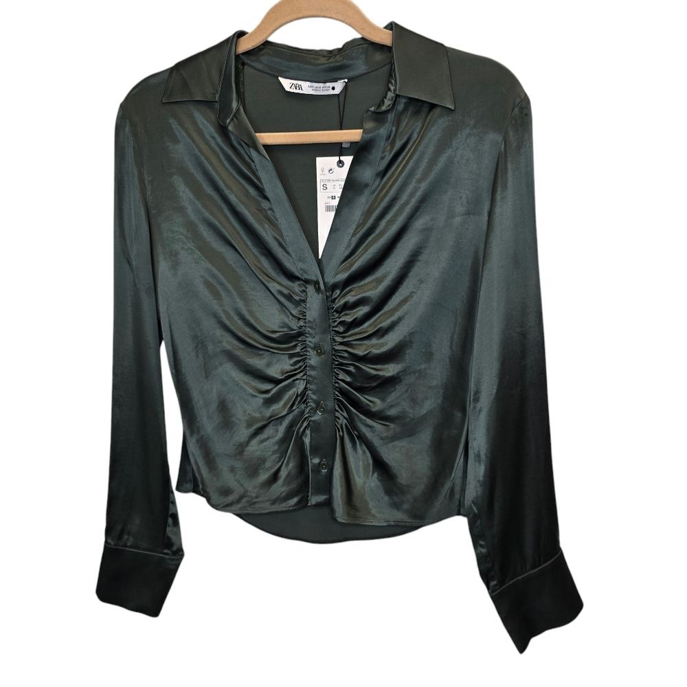 NWT Zara Women's S Ruched Button Down Green Collared Long Sleeve Top